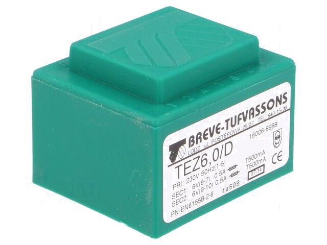 Transformator: ingegoten; 6VA; 230VAC; 6V; 6V; 500mA; 500mA; PCB Transformator: ingegoten; 6VA; 230VAC; 6V; 6V; 500mA; 500mA; PCB